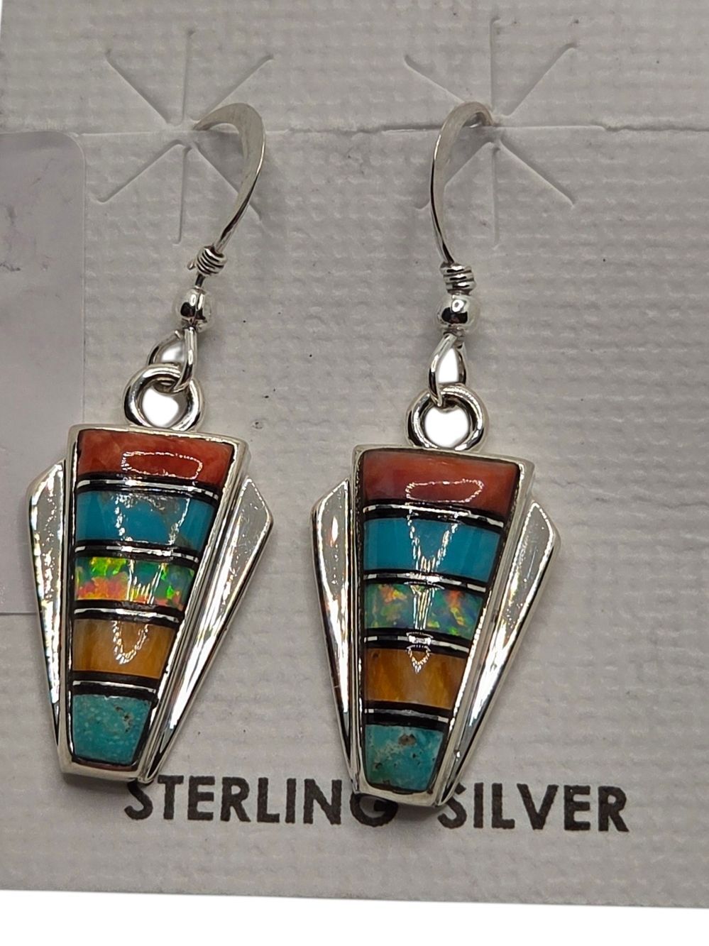 Sterling Silver Multicolor Inlay Drop Earrings Fire Opal Coral Native Style